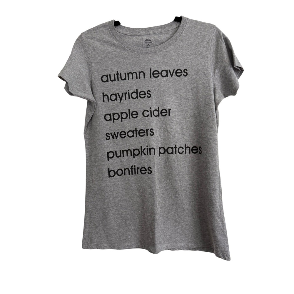 Celebrate‎ Halloween Womens Grey Tee Autumn Leaves Hayrides Apple Cider Size M